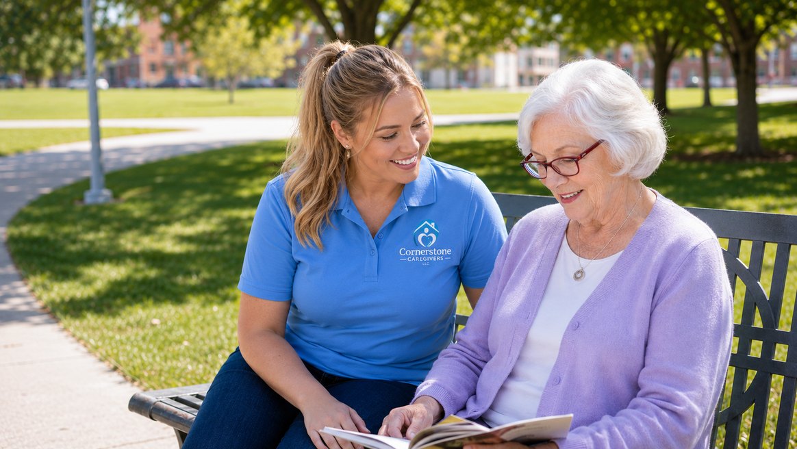 A caregiver reading with a senior client on a park bench