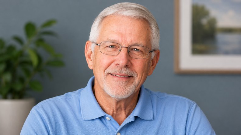 Portrait of a smiling older man in a blue polo shirt