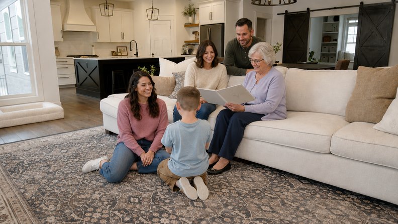 Three generations of a family looking at a photo album together in a living room