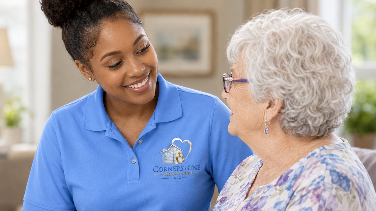 A Cornerstone Caregivers caregiver smiling with a senior client in her living room.